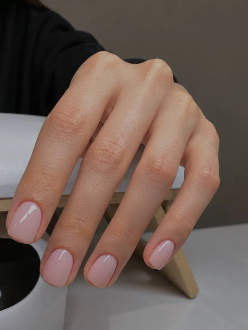Short square nails in sheer pink gel
